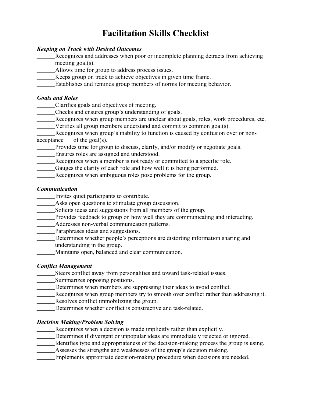 Facilitation Skills Checklist