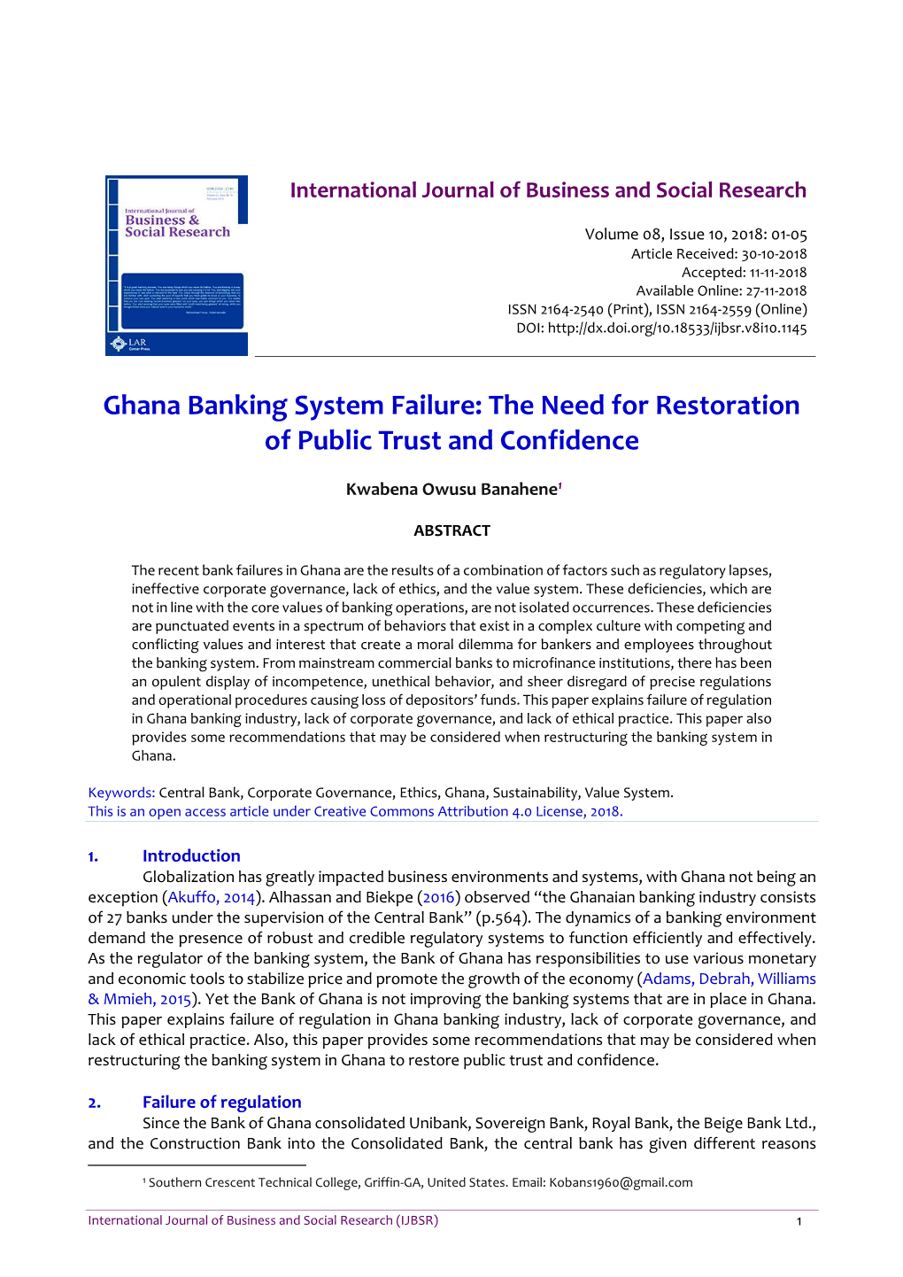 Ghana Banking System Failure: the Need for Restoration of Public Trust and Confidence