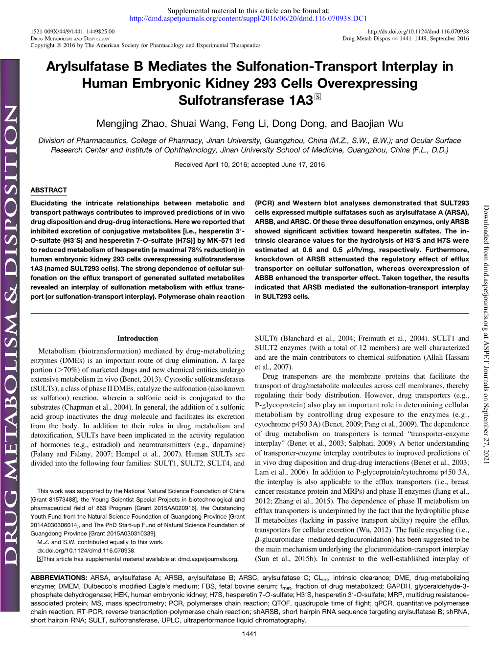 Arylsulfatase B Mediates the Sulfonation-Transport Interplay in Human Embryonic Kidney 293 Cells Overexpressing Sulfotransferase 1A3 S