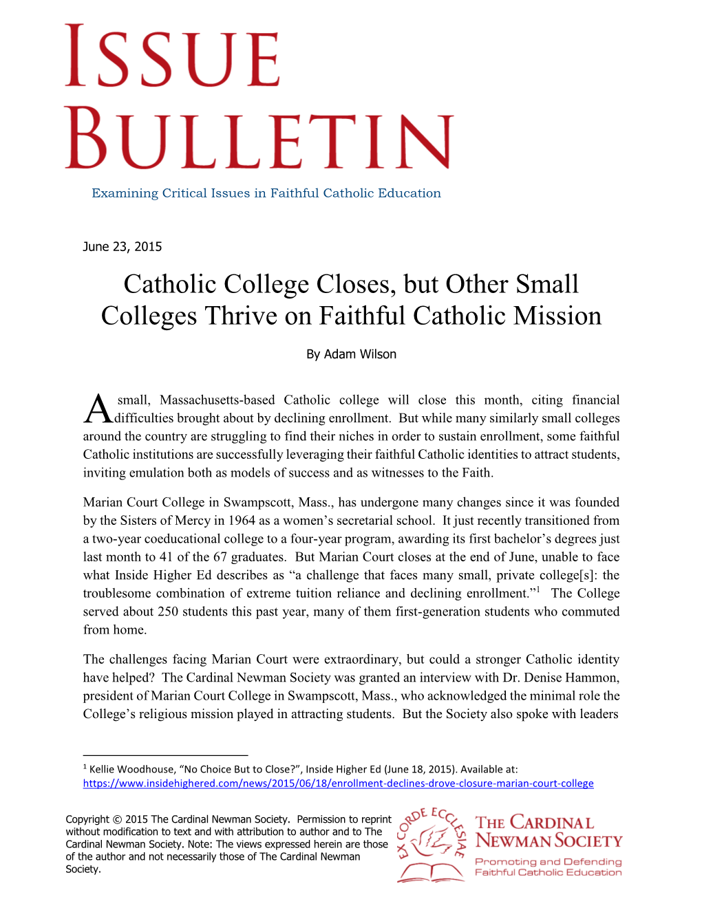 Catholic College Closes, but Other Small Colleges Thrive on Faithful Catholic Mission