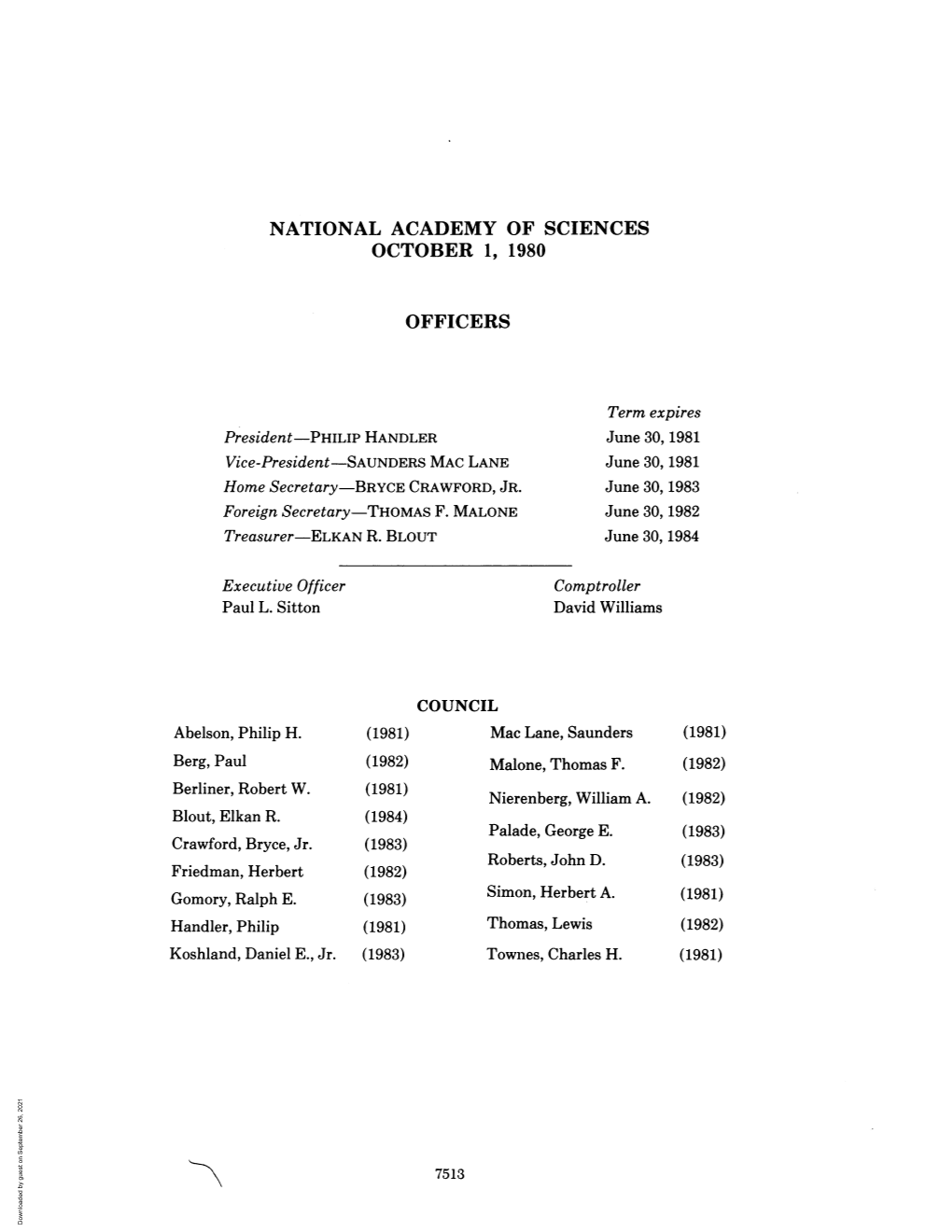 National Academy of Sciences October 1, 1980 Officers