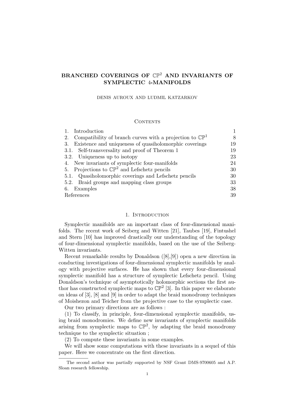 BRANCHED COVERINGS of CP 2 and INVARIANTS of SYMPLECTIC 4-MANIFOLDS Contents 1. Introduction 1 2. Compatibility of Branch Curves