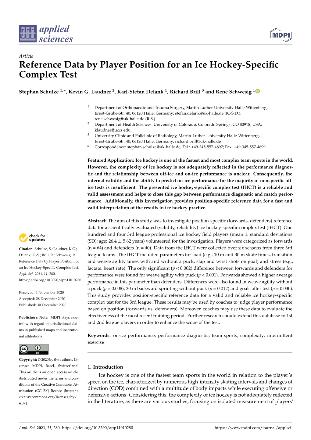 Reference Data by Player Position for an Ice Hockey-Specific Complex Test