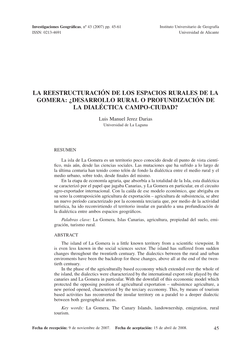 La Reestructuración De Los Espacios Rurales De La Gomera: ¿Desarrollo Rural O Profundización De La Dialéctica Campo-Ciudad?