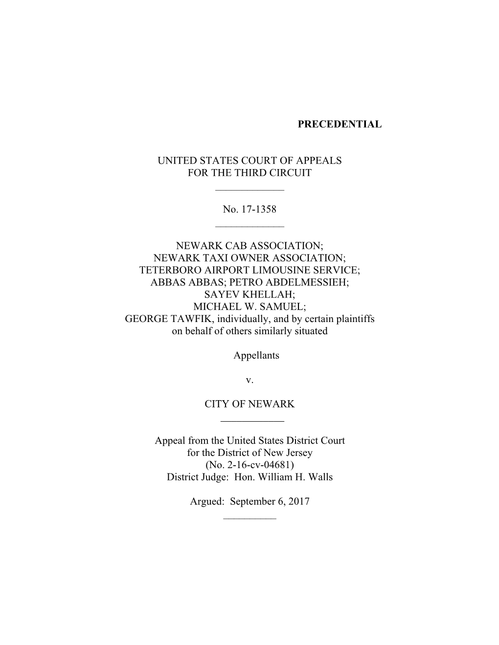No. 17-1358 ___NEWARK CAB ASSOCIATION