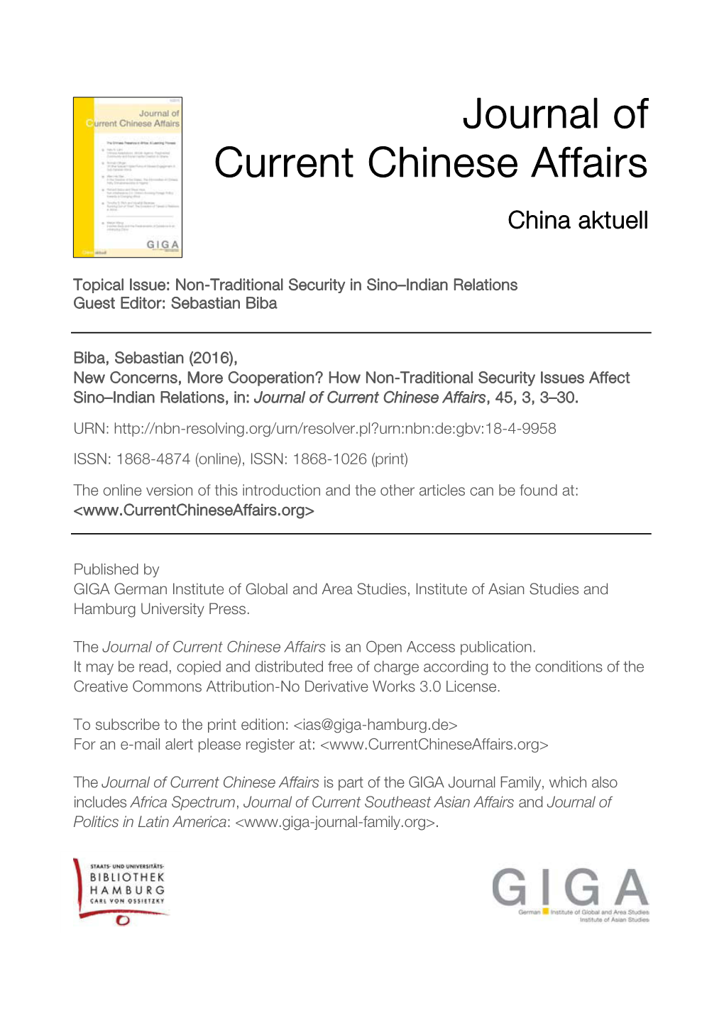 How Non-Traditional Security Issues Affect Sino–Indian Relations, In: Journal of Current Chinese Affairs, 45, 3, 3–30