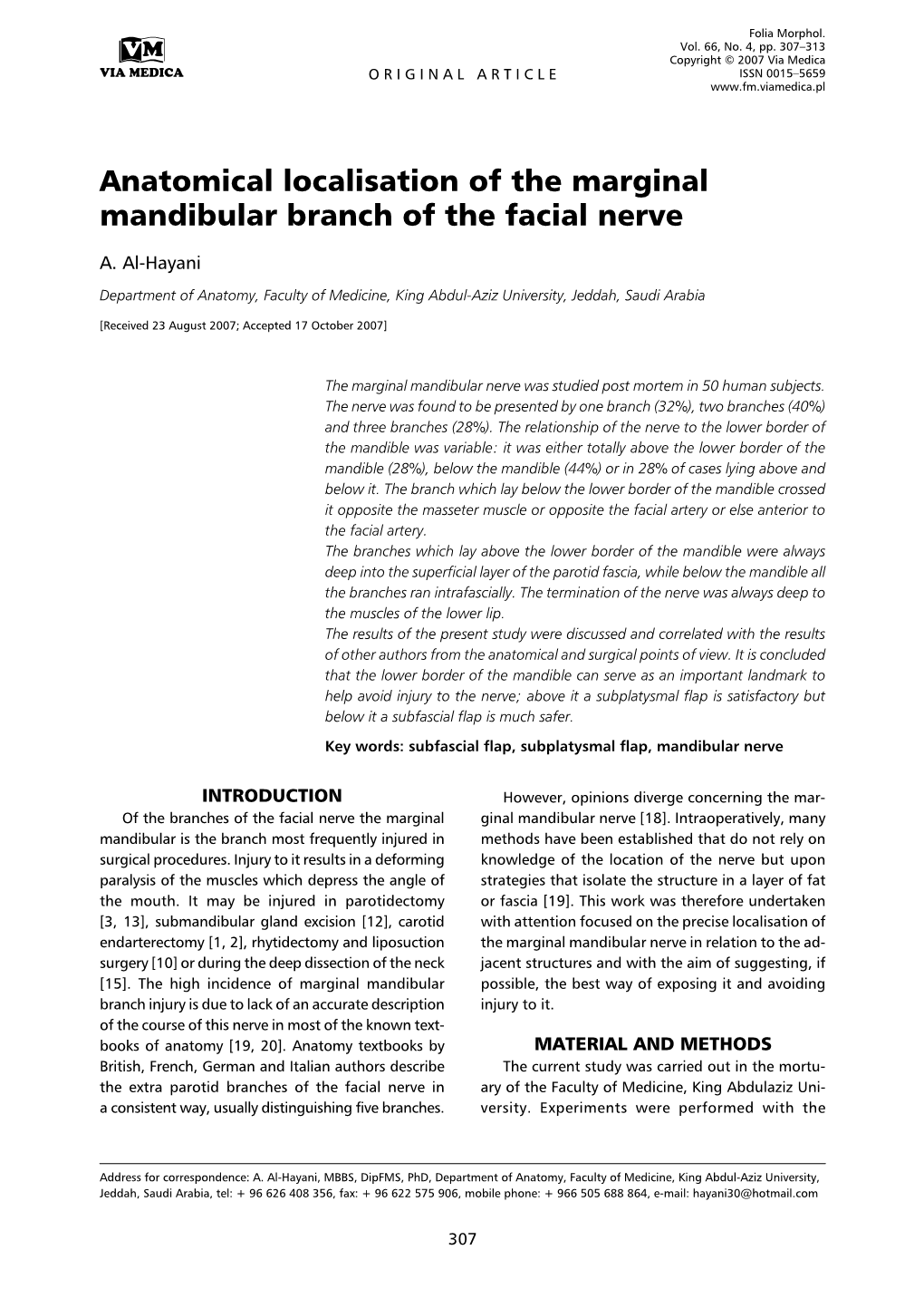 Anatomical Localisation of the Marginal Mandibular Branch of the Facial Nerve