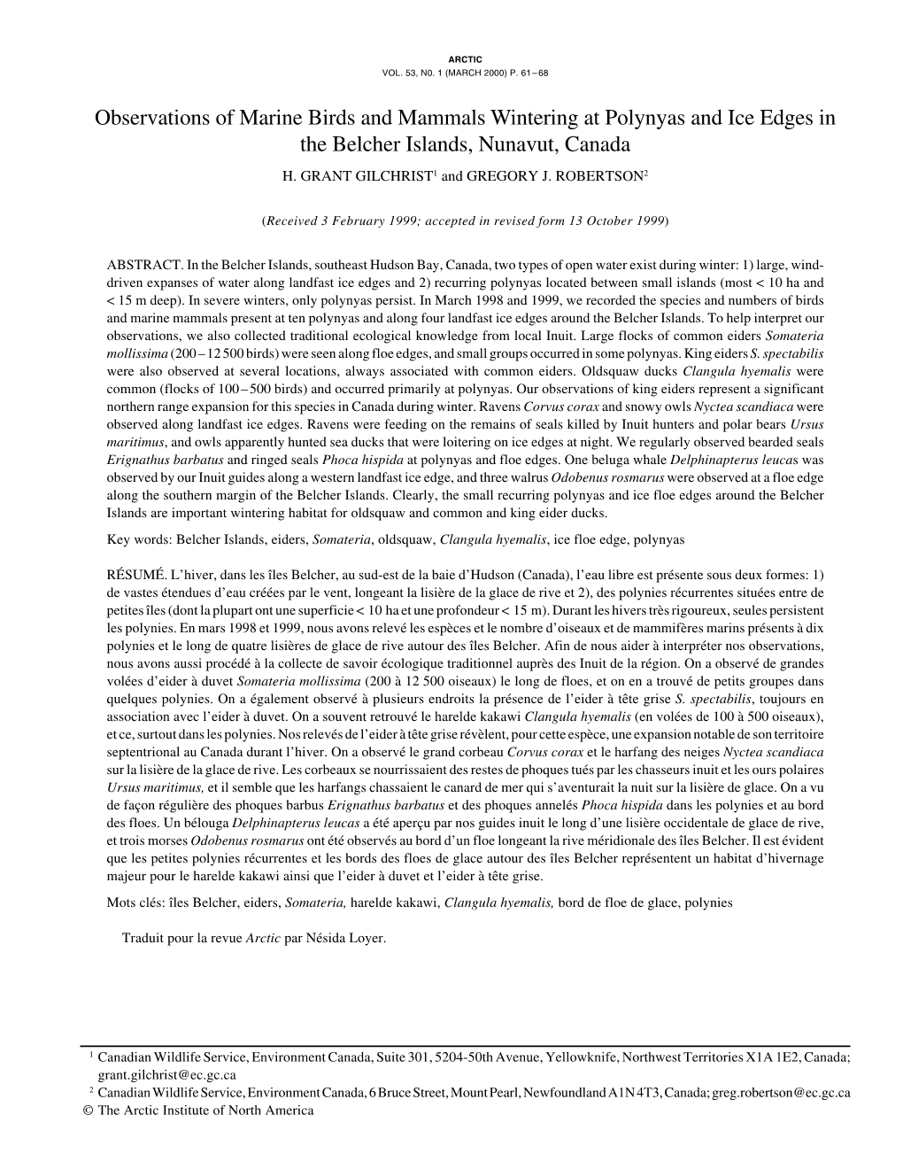 Observations of Marine Birds and Mammals Wintering at Polynyas and Ice Edges in the Belcher Islands, Nunavut, Canada H