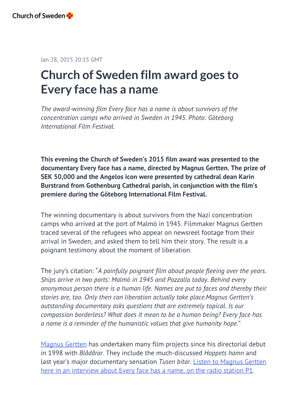 Church of Sweden Film Award Goes to Every Face Has a Name