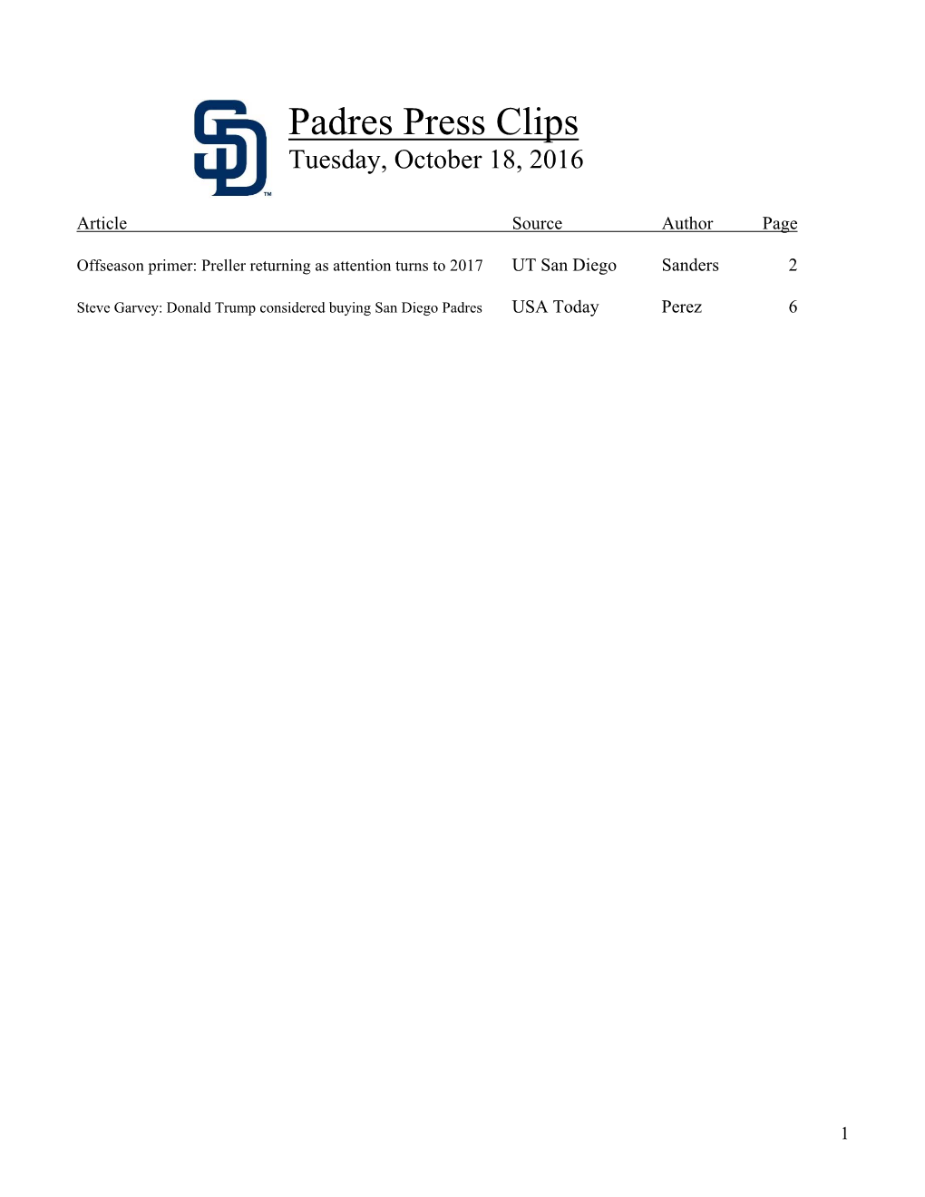 Padres Press Clips Tuesday, October 18, 2016