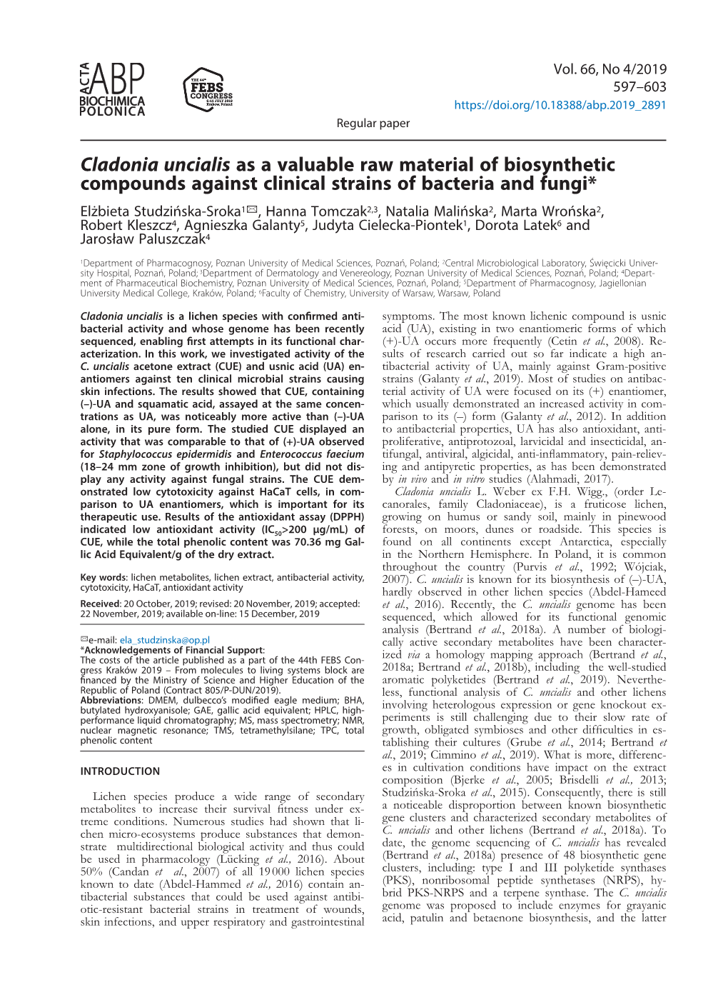 Cladonia Uncialis As a Valuable Raw Material of Biosynthetic