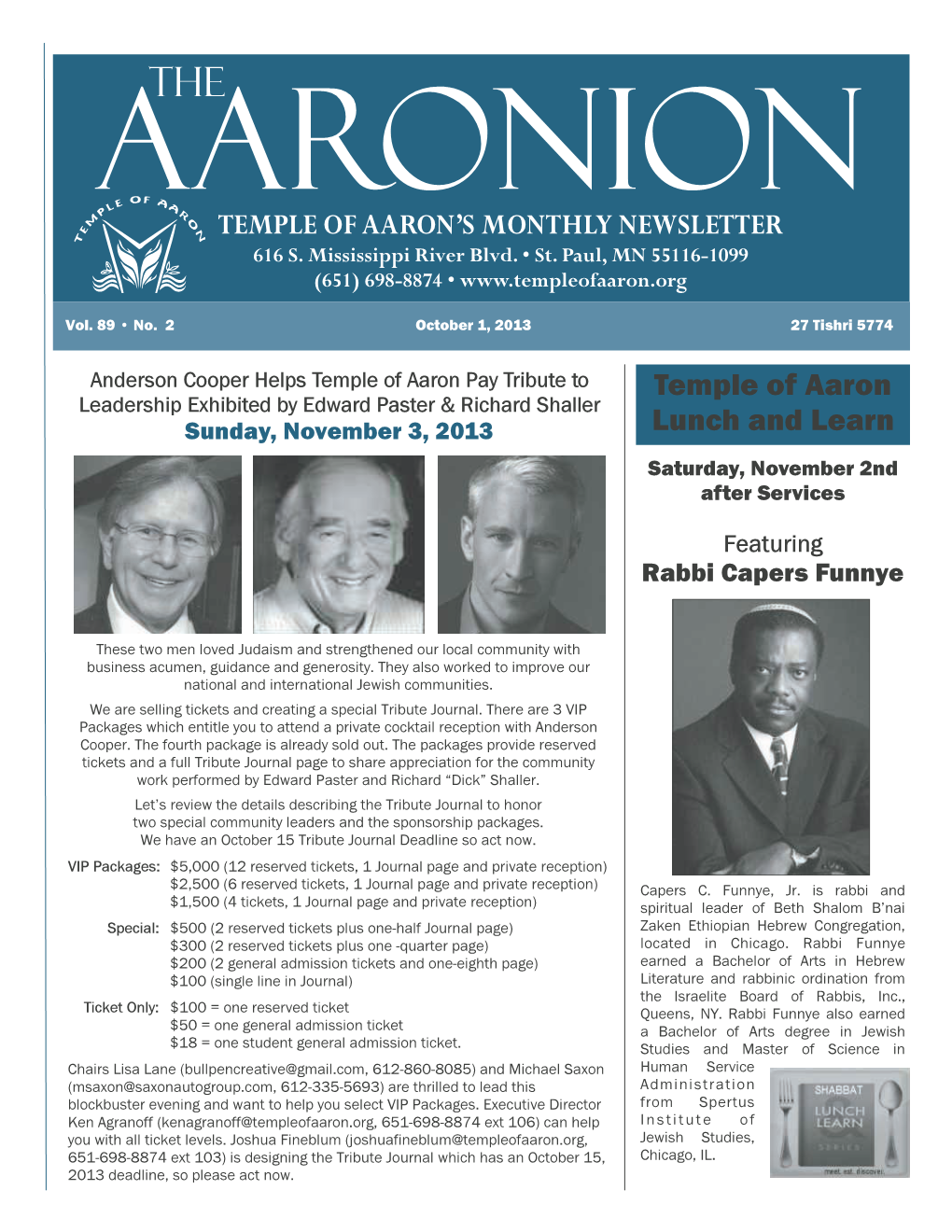 TEMPLE of AARON's MONTHLY NEWSLETTER Temple of Aaron Lunch and Learn