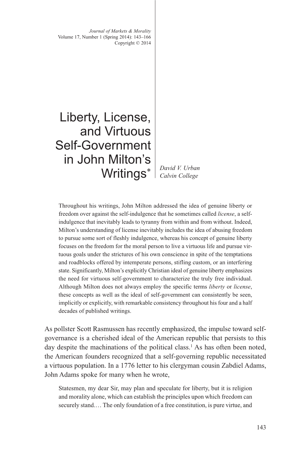 Liberty, License, and Virtuous Self-Government in John Milton's