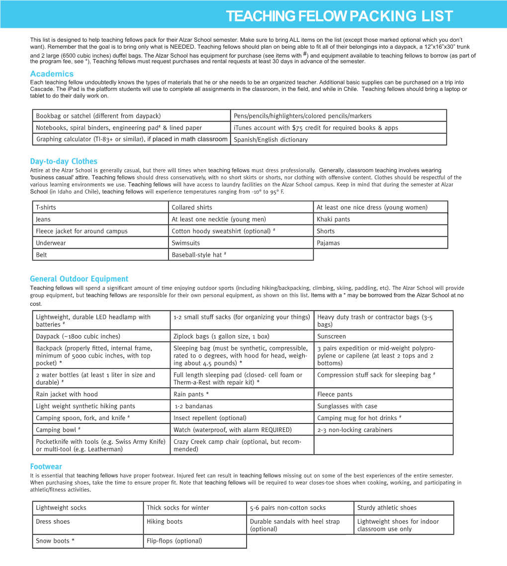 Teaching Felow Packing List