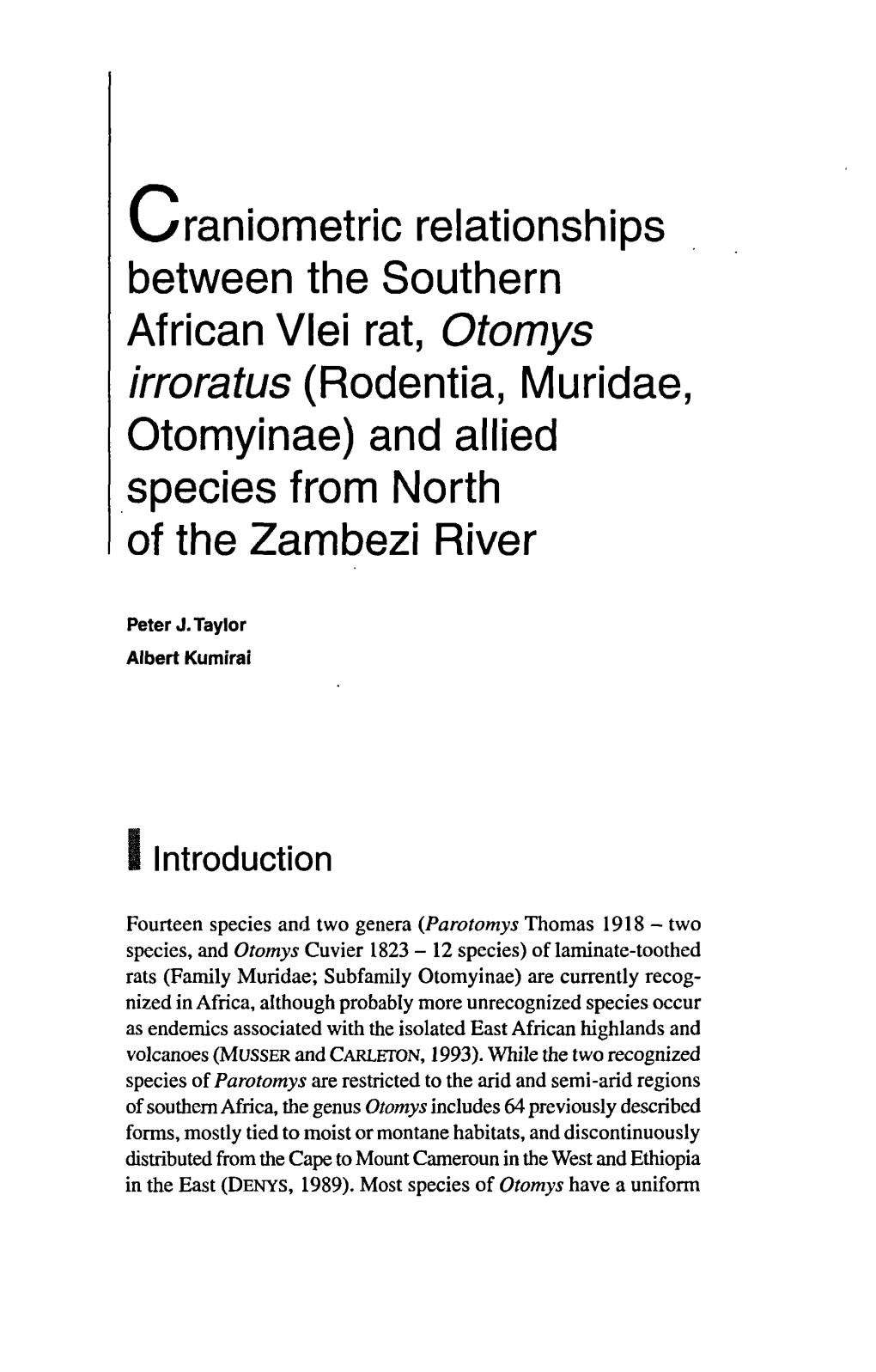 Craniometric Relationships Between the Southern African Vlei Rat