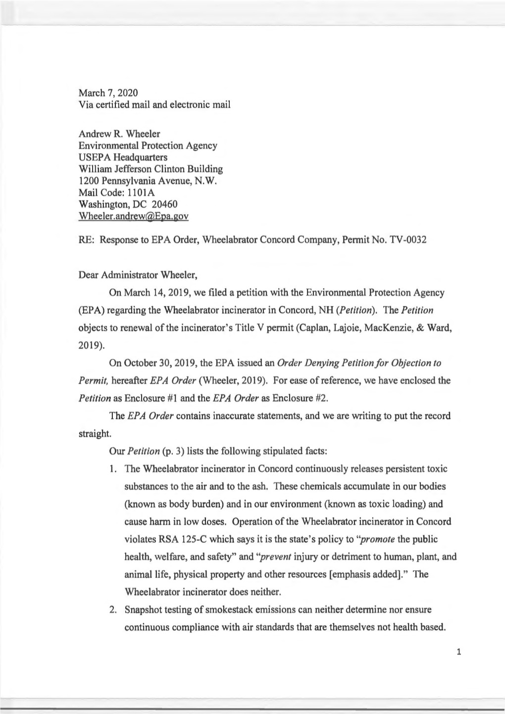 RE: Response to EPA Order, Wheelabrator Concord Company, Permit No