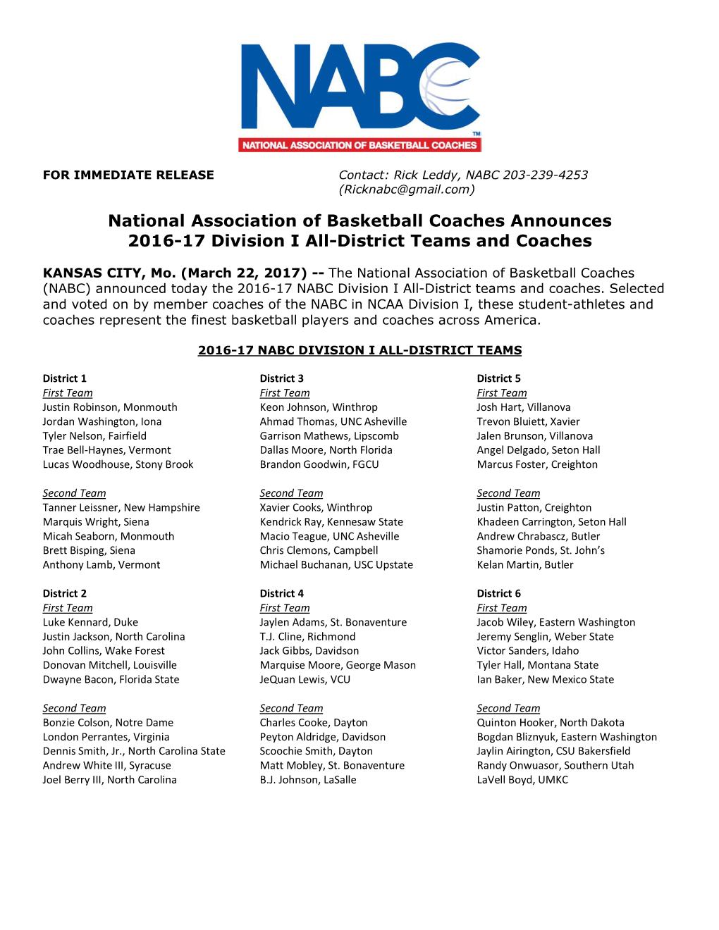 National Association of Basketball Coaches Announces 2016-17