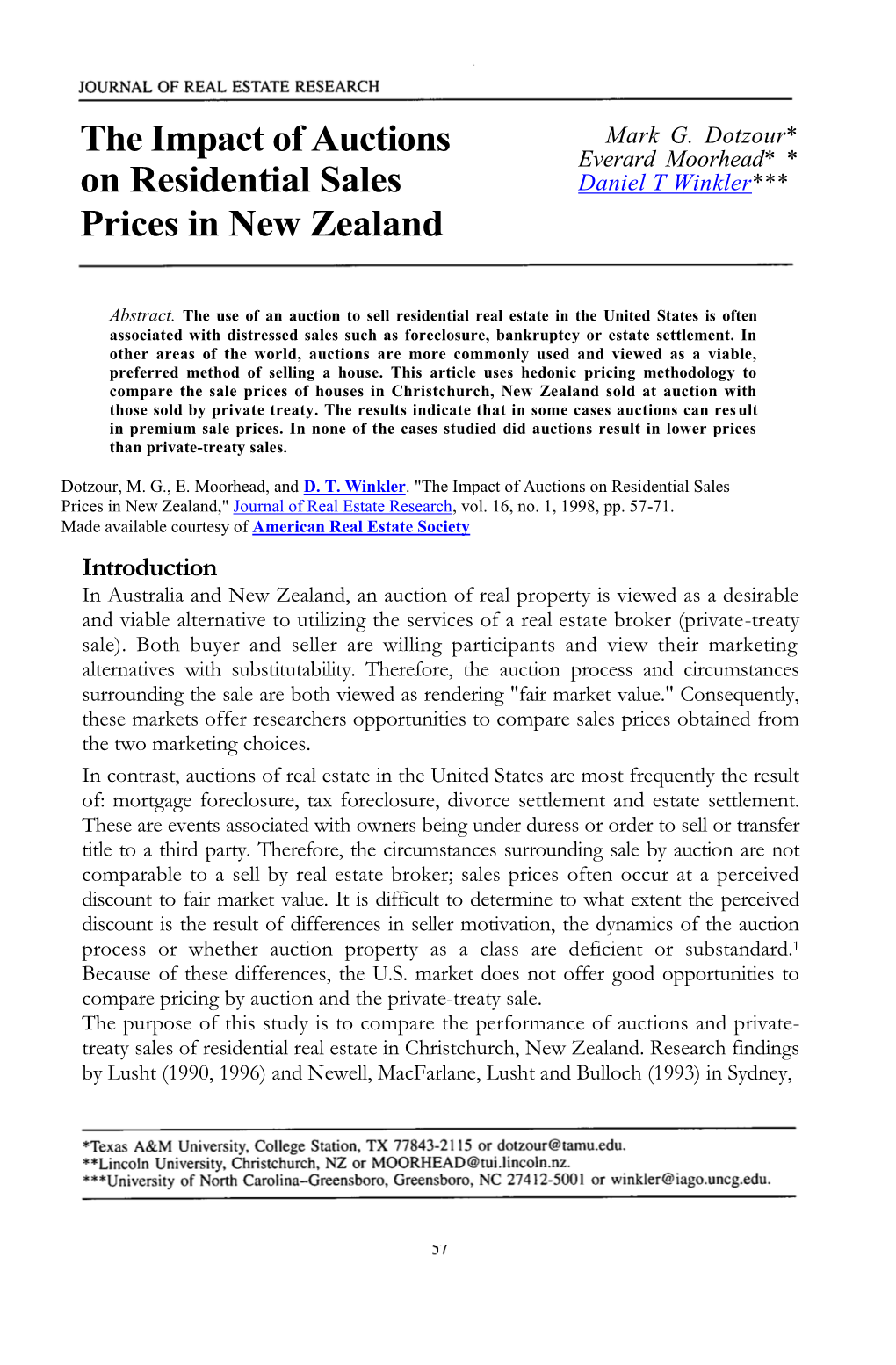 The Impact of Auctions on Residential Sales Prices in New Zealand," Journal of Real Estate Research, Vol