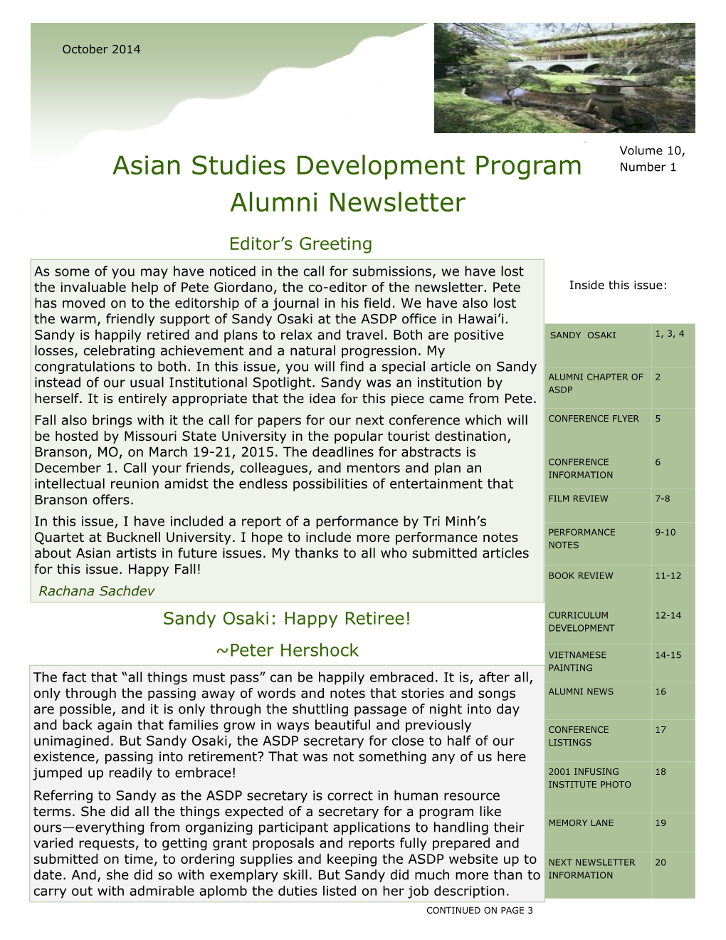 Asian Studies Development Program Alumni Newsletter Volume 10, Number 1
