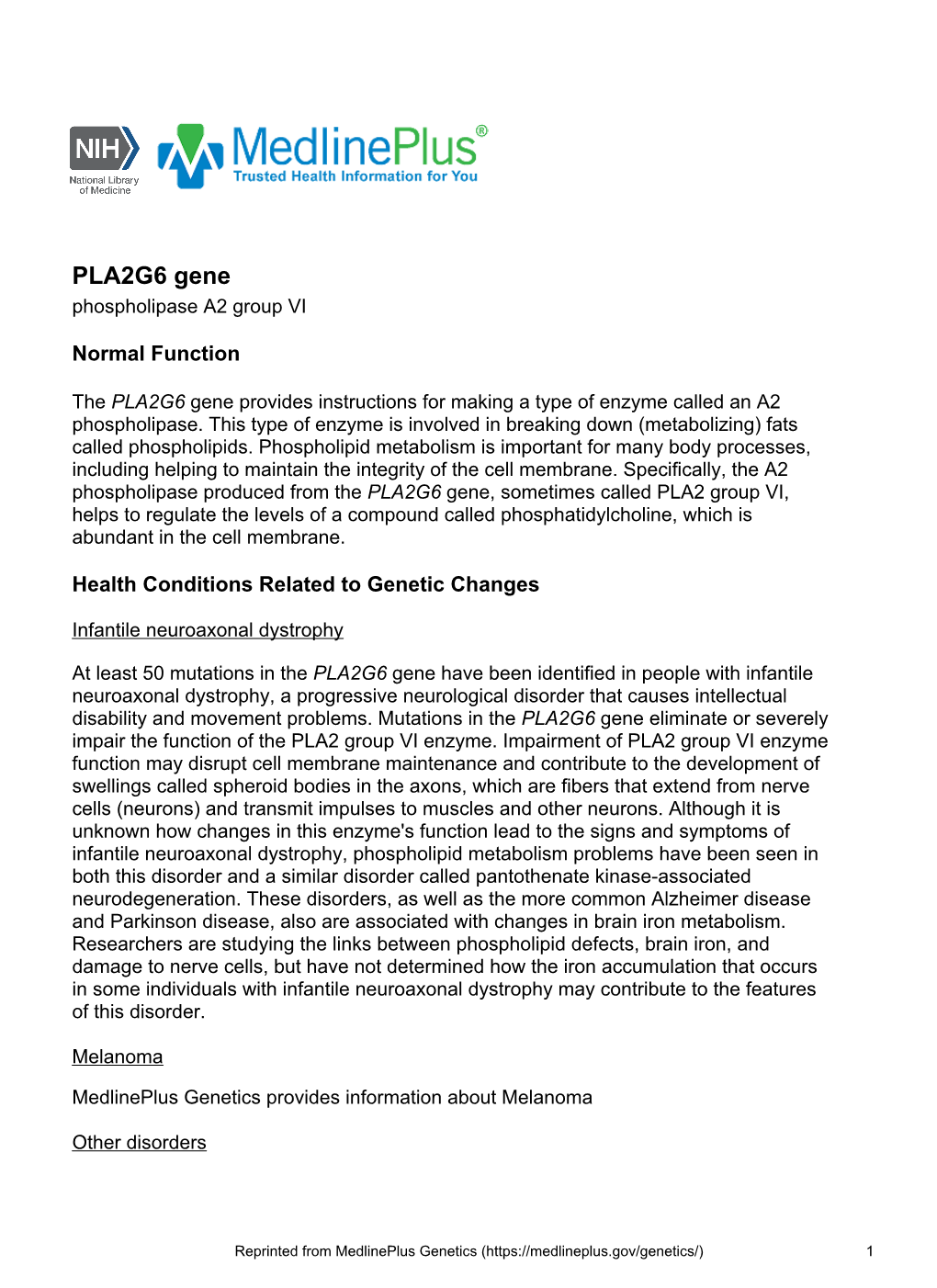 PLA2G6 Gene Phospholipase A2 Group VI