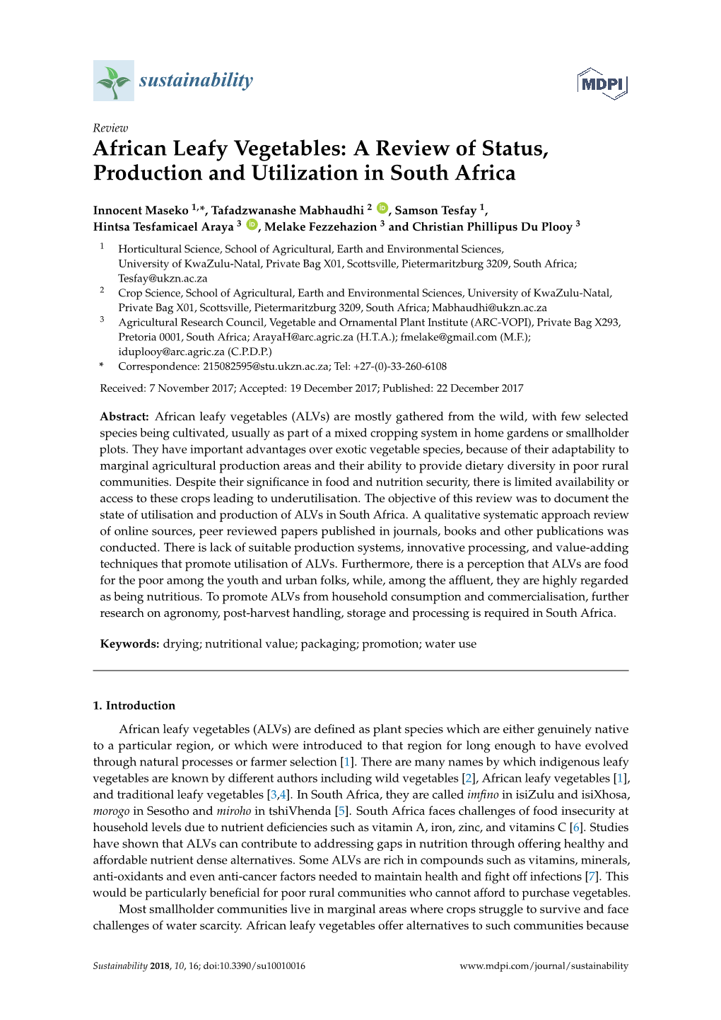 African Leafy Vegetables: a Review of Status, Production and Utilization in South Africa
