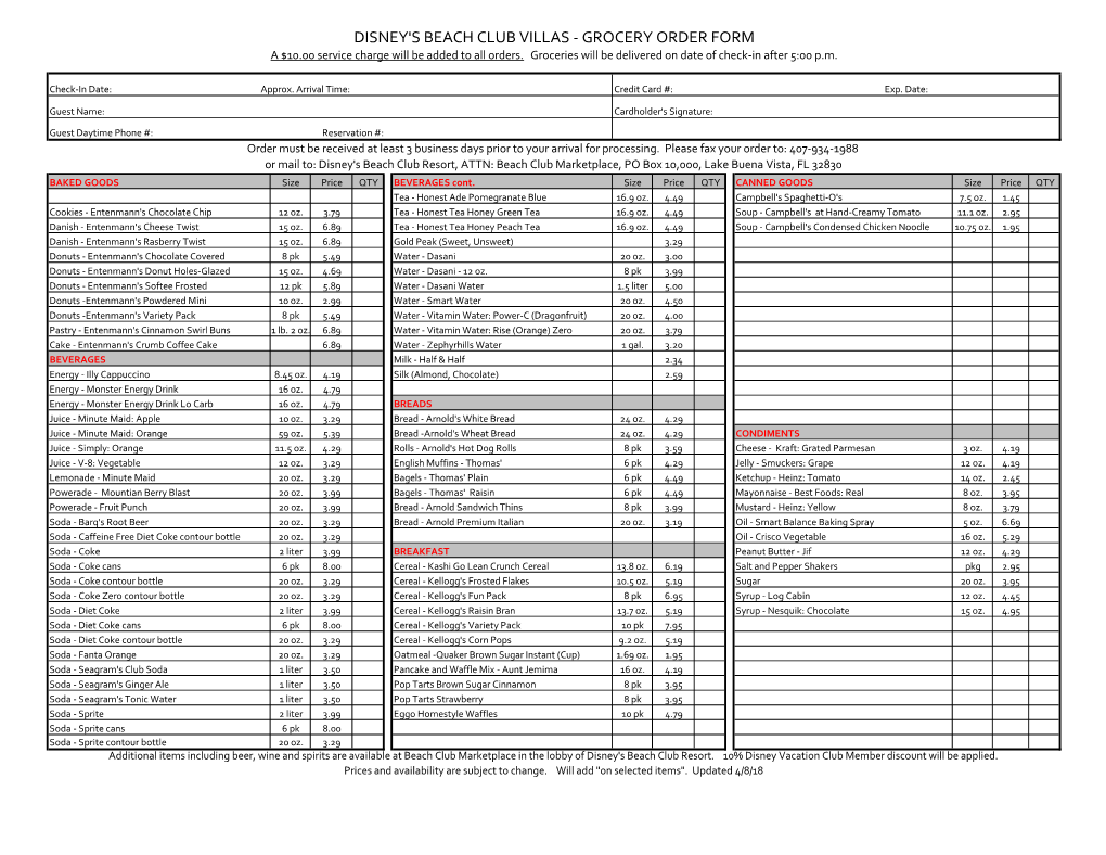 Yacht & Beach Grocery Order Form