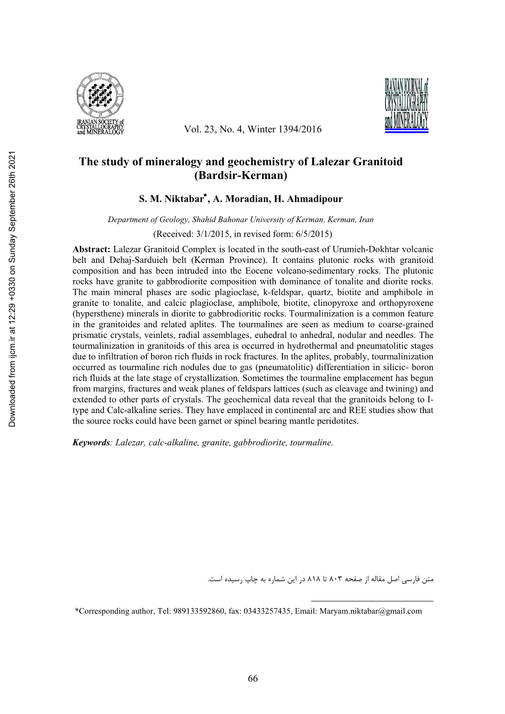 The Study of Mineralogy and Geochemistry of Lalezar Granitoid (Bardsir-Kerman)