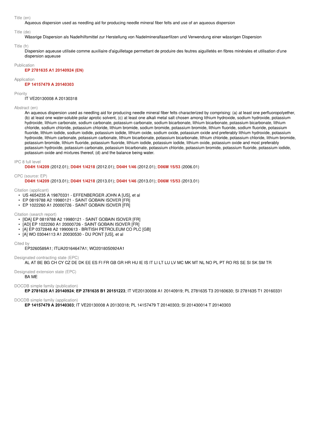 Title (En) Aqueous Dispersion Used As Needling Aid for Producing Needle Mineral Fiber Felts and Use of an Aqueous Dispersion