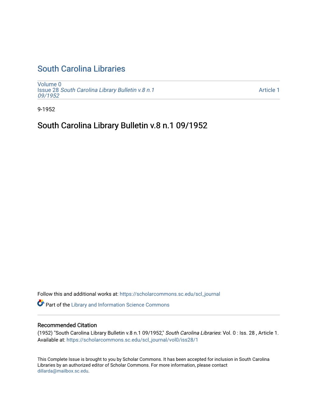 South Carolina Library Bulletin V.8 N.1 09/1952