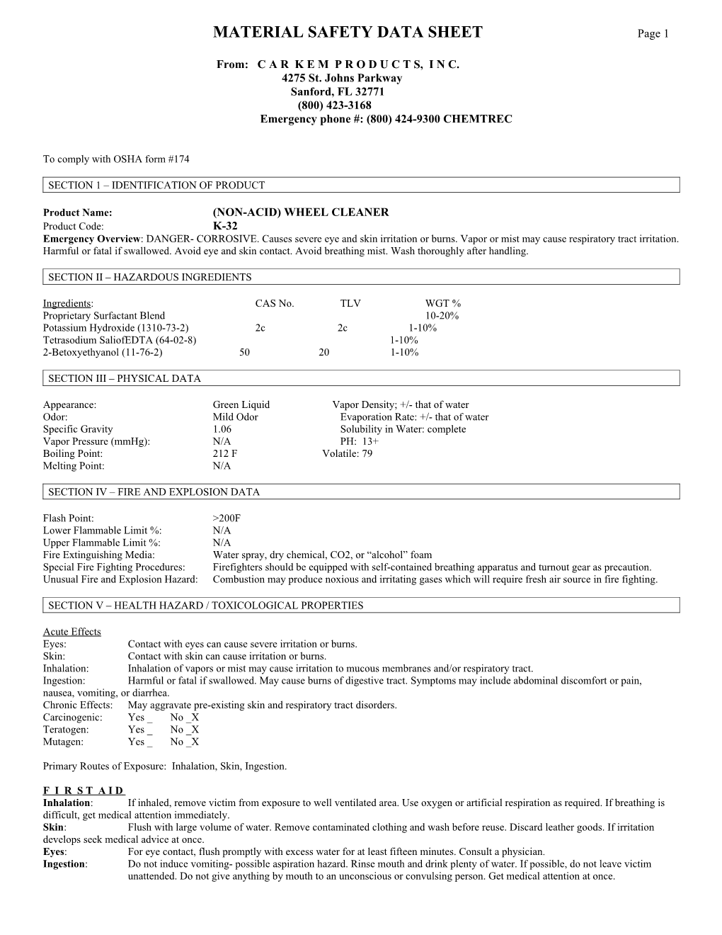 MATERIAL SAFETY DATA SHEET Page 1