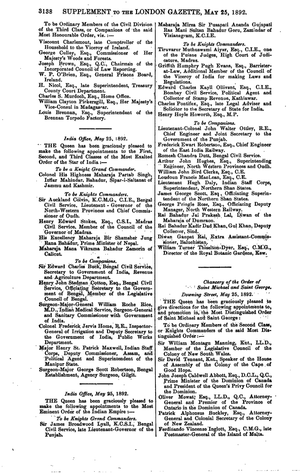 3138 Supplement to the London Gazette, May 25, 1892