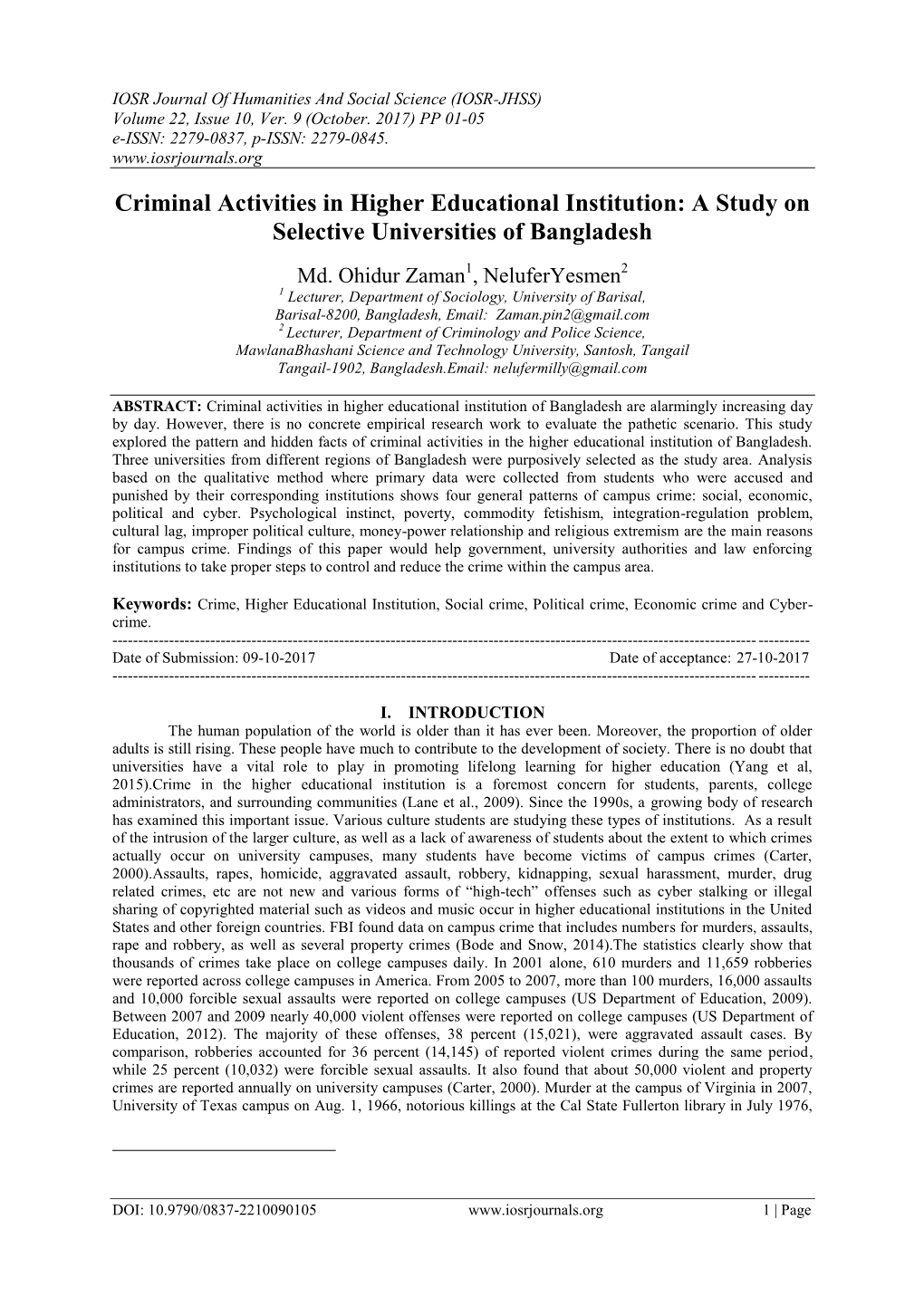 Criminal Activities in Higher Educational Institution: a Study on Selective Universities of Bangladesh