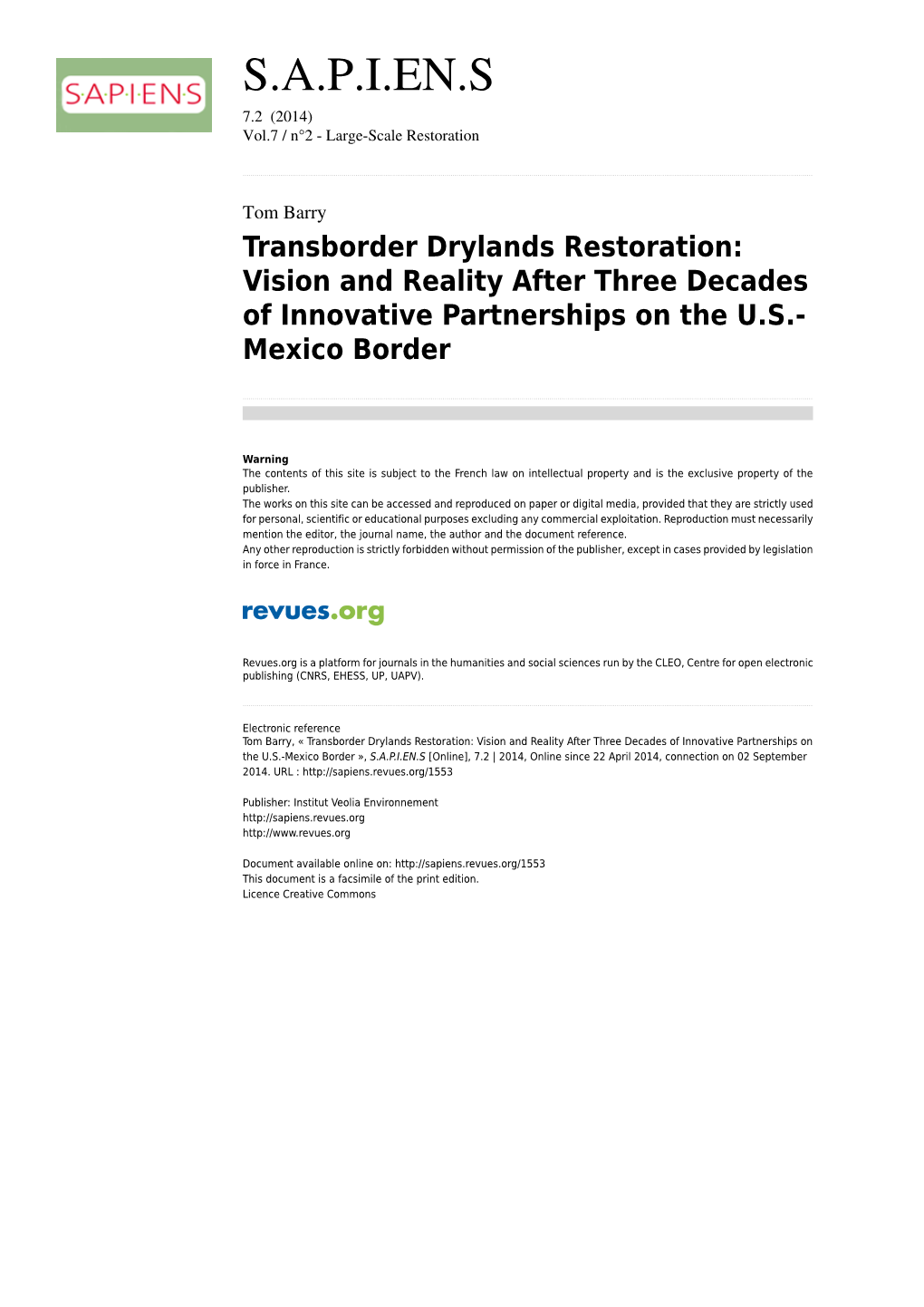 Transborder Drylands Restoration: Vision and Reality After Three Decades of Innovative Partnerships on the U.S.-Mexico Border