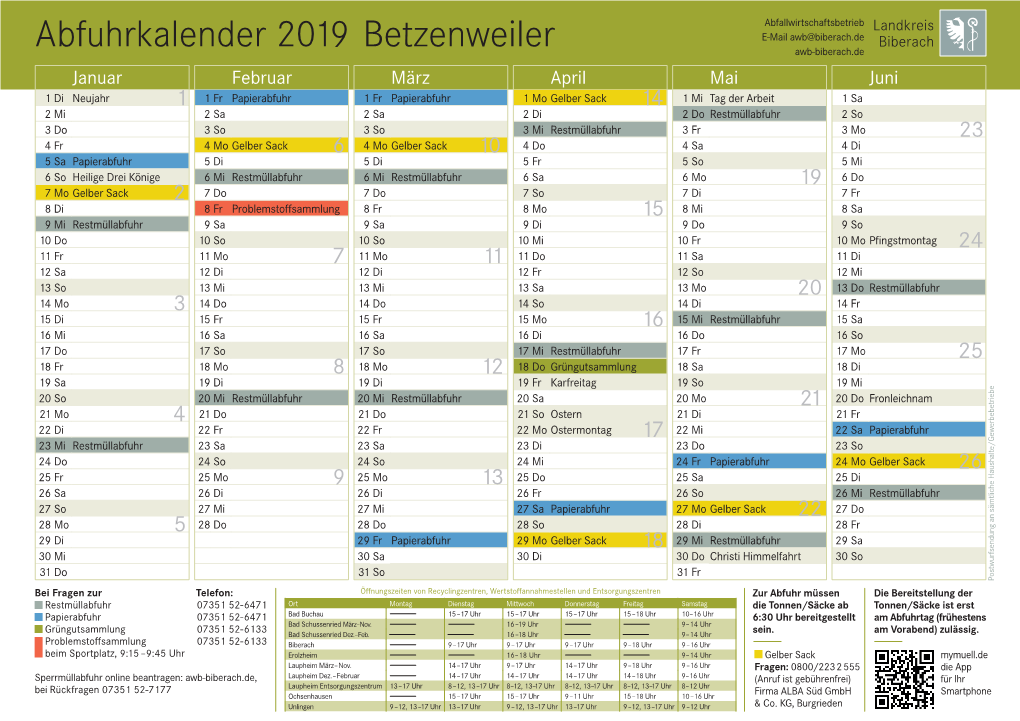 Abfuhrkalender 2019 Betzenweiler