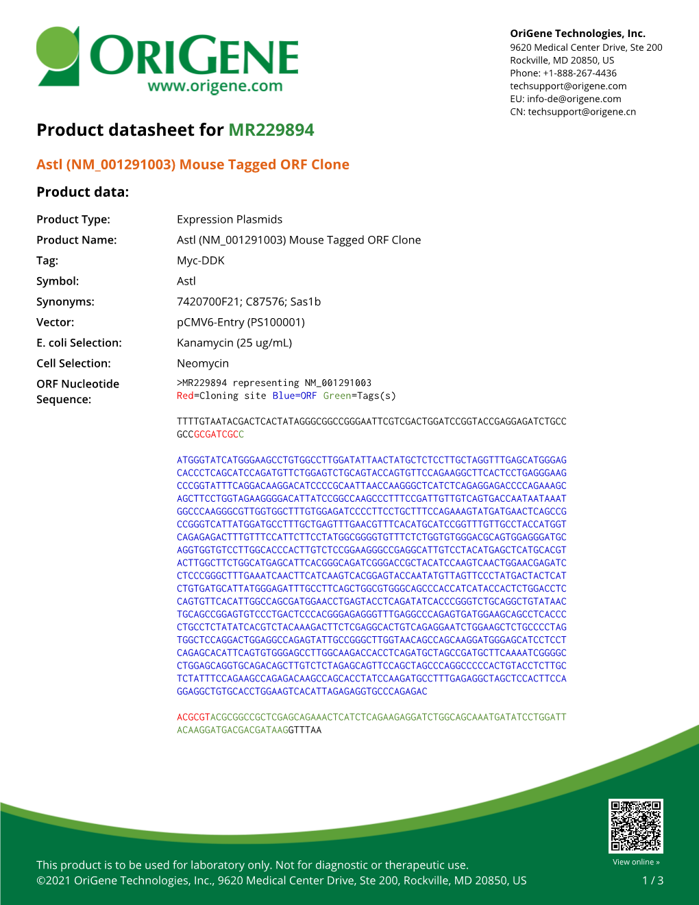 Astl (NM 001291003) Mouse Tagged ORF Clone – MR229894