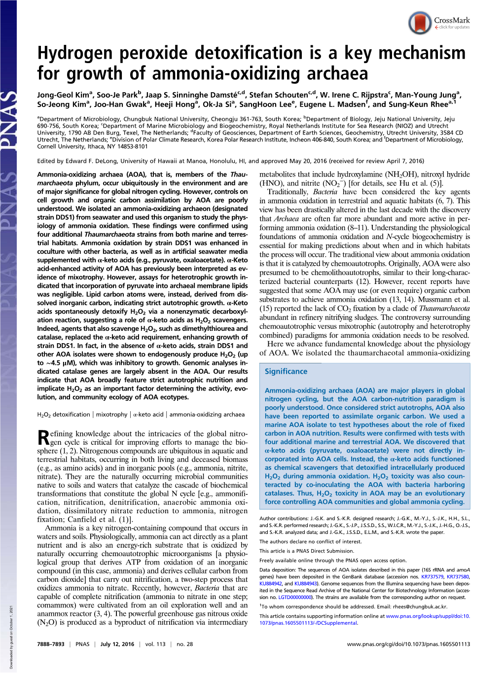 Hydrogen Peroxide Detoxification Is a Key Mechanism for Growth of Ammonia-Oxidizing Archaea