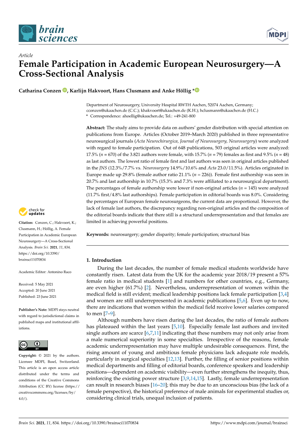 Female Participation in Academic European Neurosurgery—A Cross-Sectional Analysis