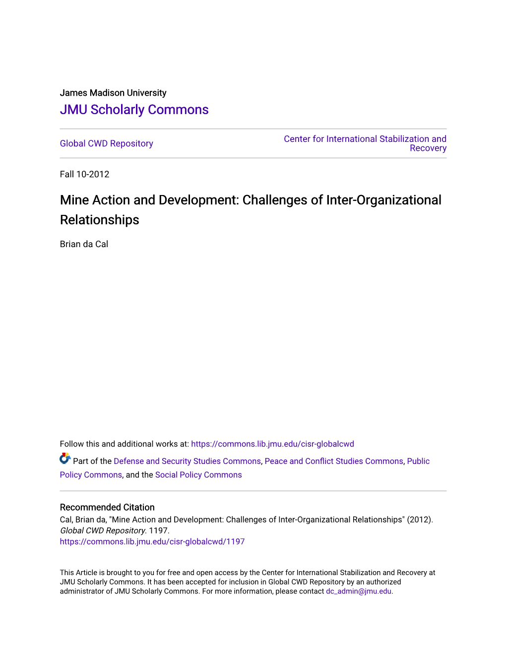 Mine Action and Development: Challenges of Inter-Organizational Relationships