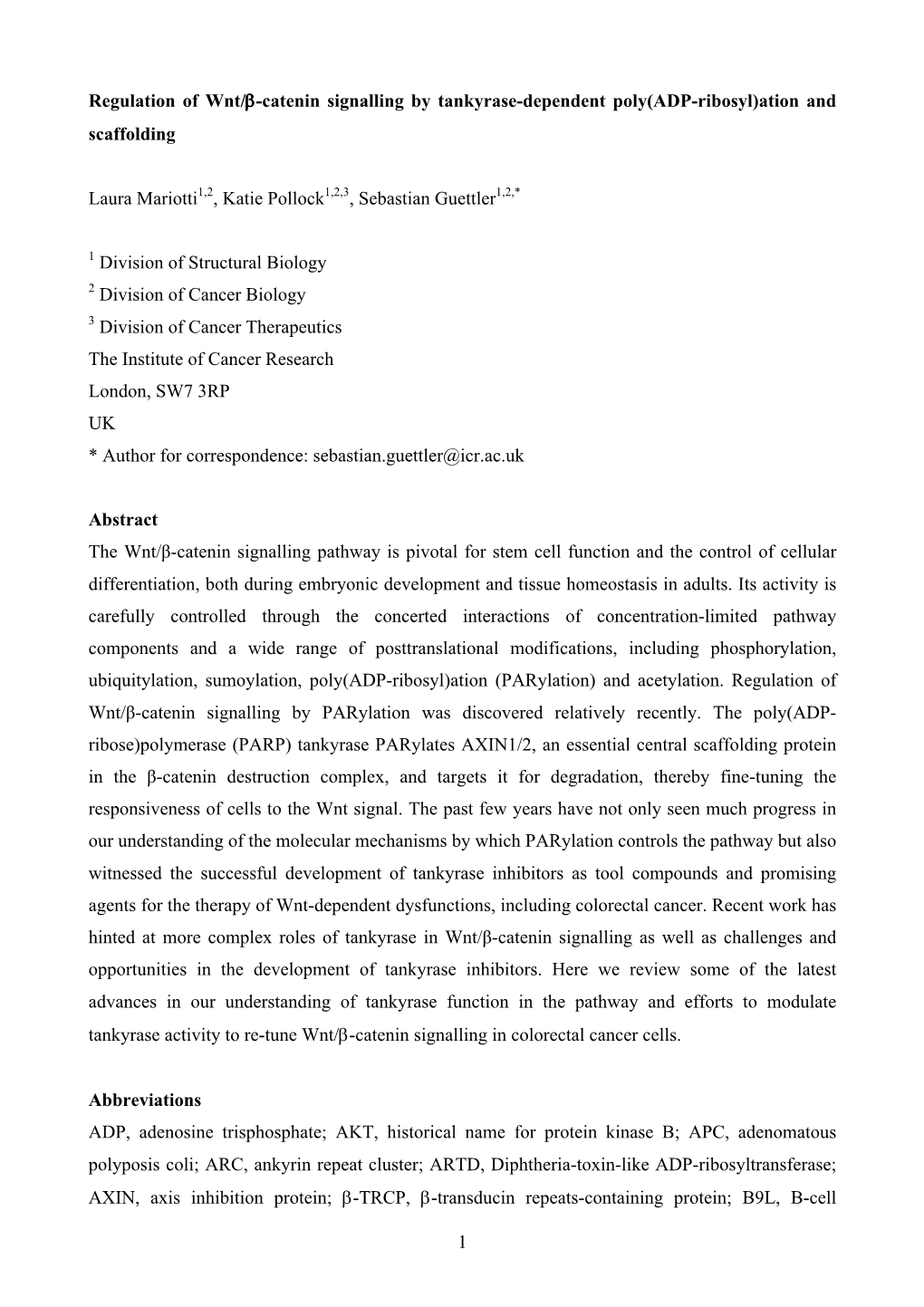 1 Regulation of Wnt/Β-Catenin Signalling by Tankyrase