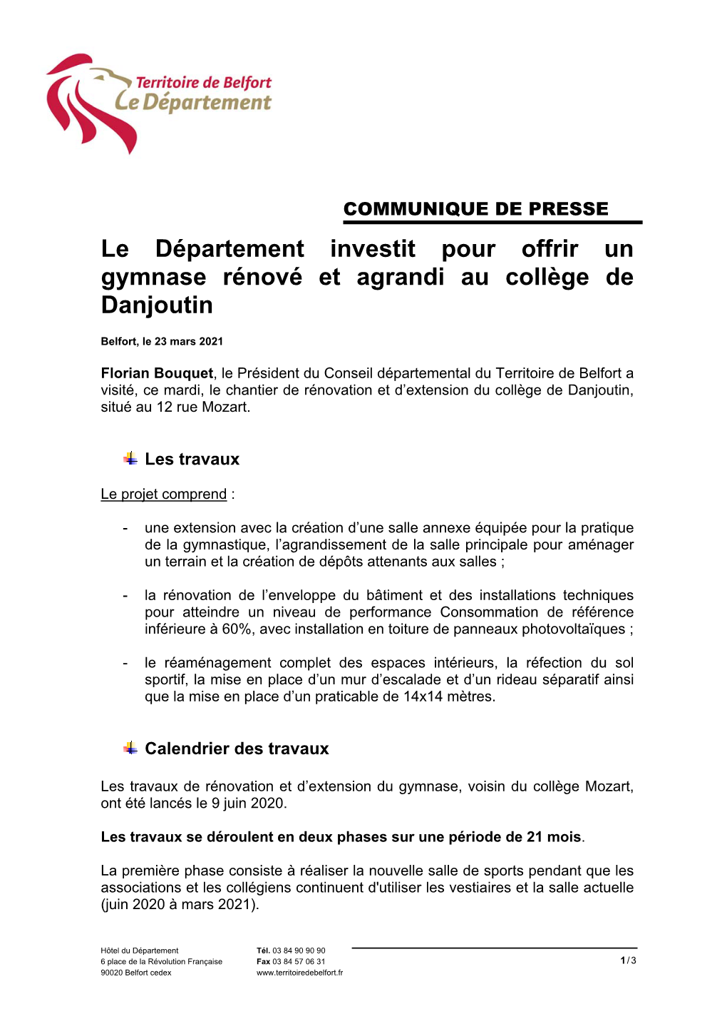 Le Département Investit Pour Offrir Un Gymnase Rénové Et Agrandi Au Collège De Danjoutin