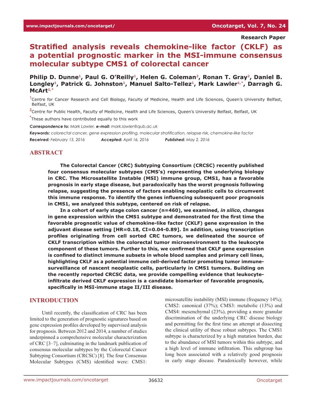 Stratified Analysis Reveals Chemokine-Like Factor (CKLF) As a Potential Prognostic Marker in the MSI-Immune Consensus Molecular Subtype CMS1 of Colorectal Cancer