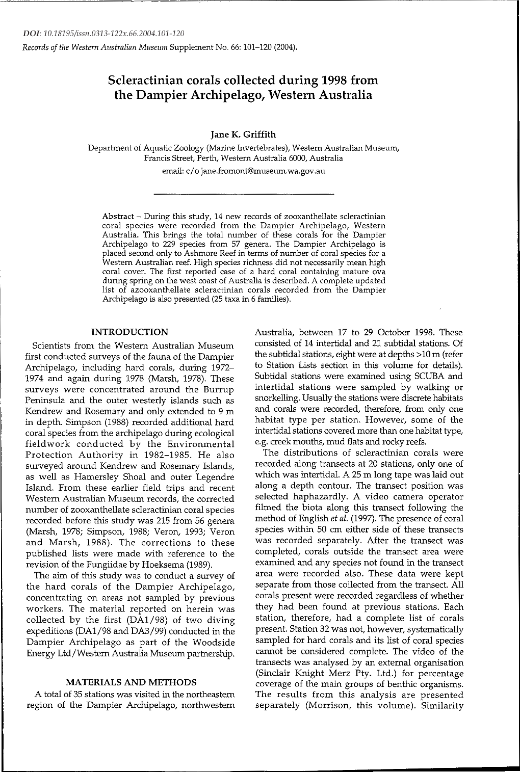 Scleractinian Corals Collected During 1998 from the Dampier Archipelago, Western Australia