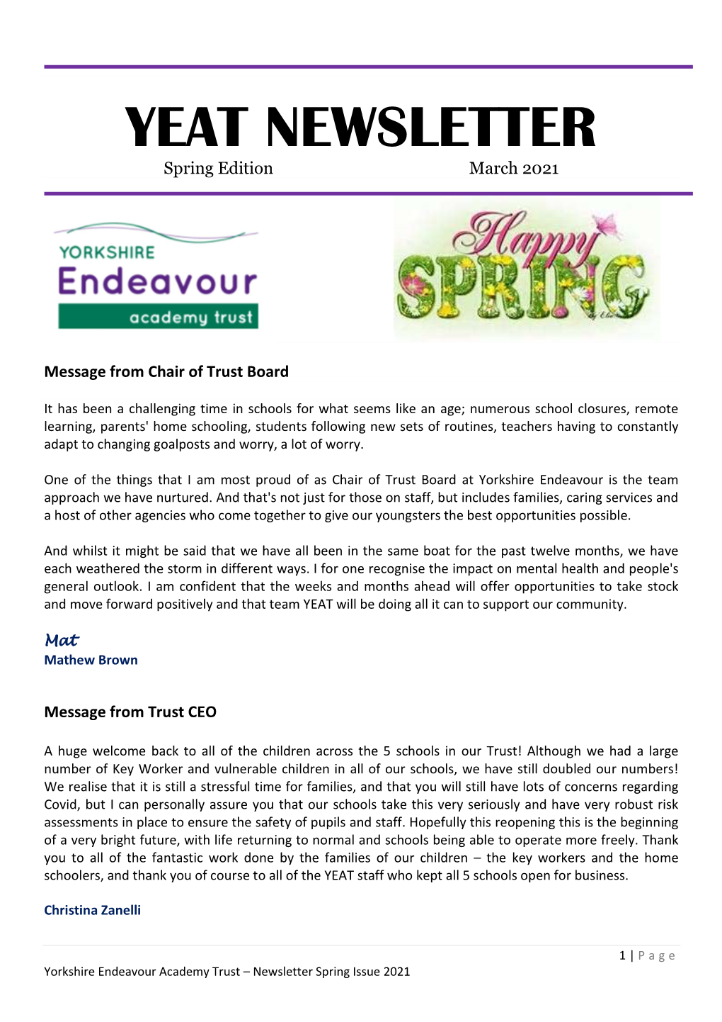 YEAT NEWSLETTER Spring Edition March 2021