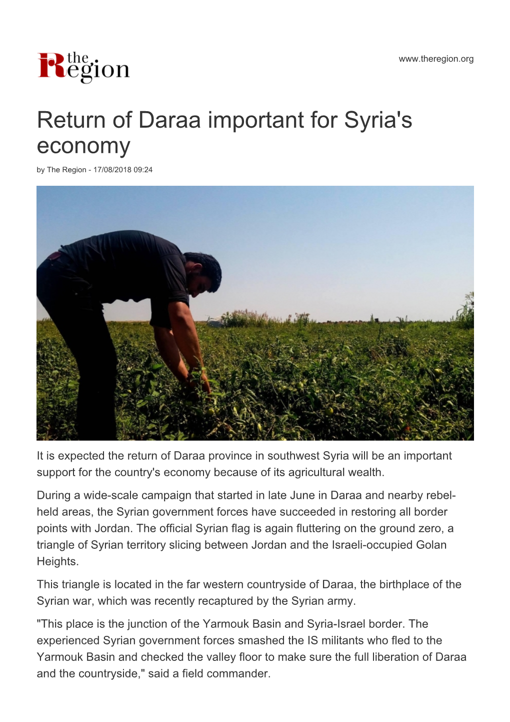 Return of Daraa Important for Syria's Economy by the Region - 17/08/2018 09:24