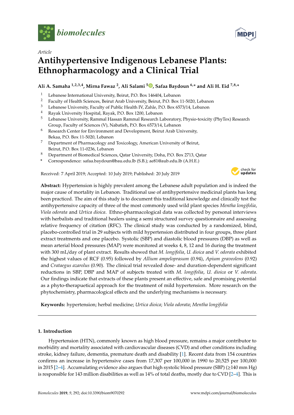 Antihypertensive Indigenous Lebanese Plants: Ethnopharmacology and a Clinical Trial