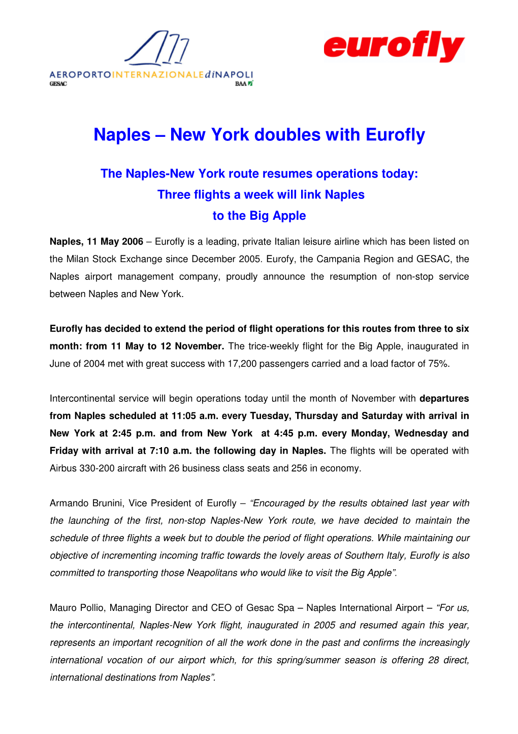 Naples – New York Doubles with Eurofly