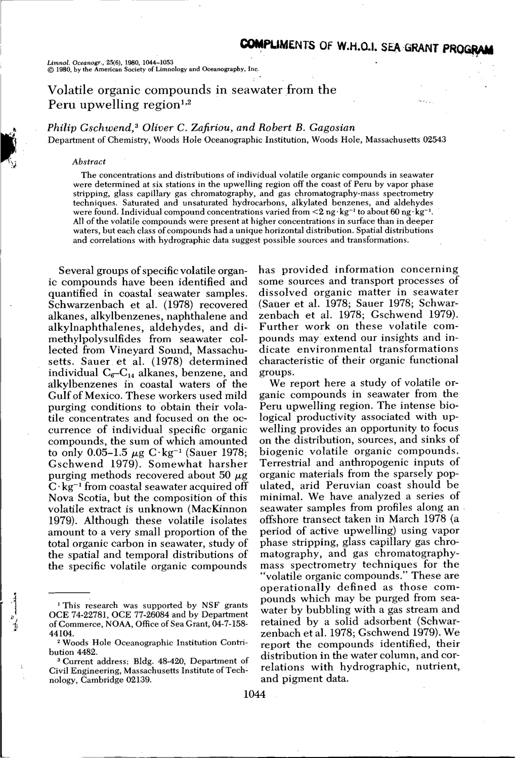 Volatile Organic Compounds in Seawater from the Peru Upwelling Regionl2