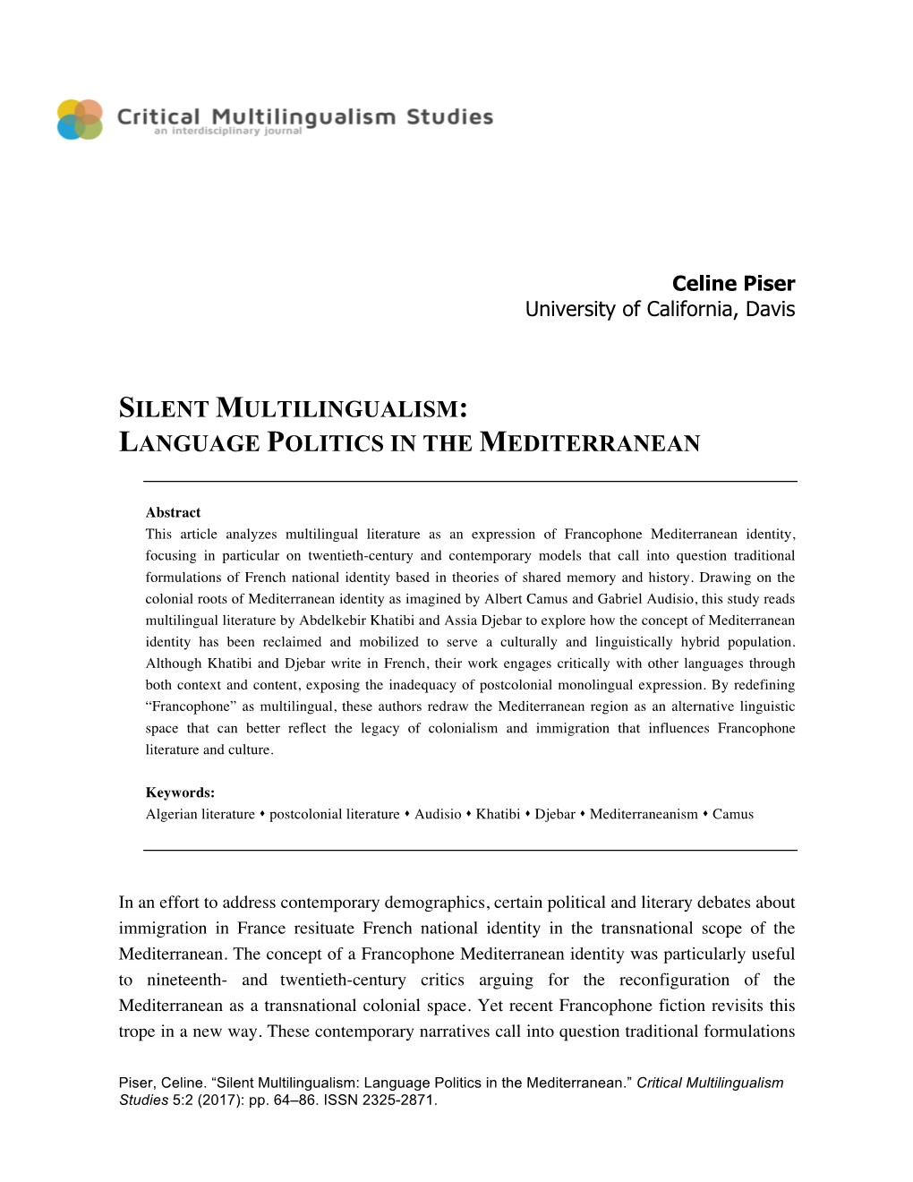 Silent Multilingualism: Language Politics in the Mediterranean