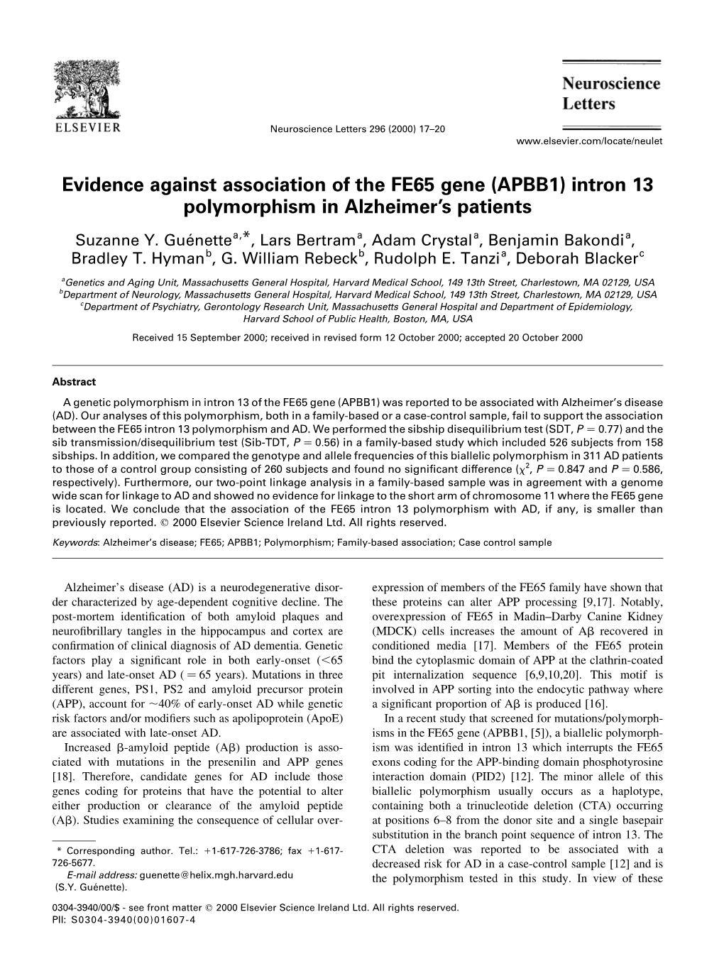 Evidence Against Association of the FE65 Gene (APBB1) Intron 13 Polymorphism in Alzheimer's Patients