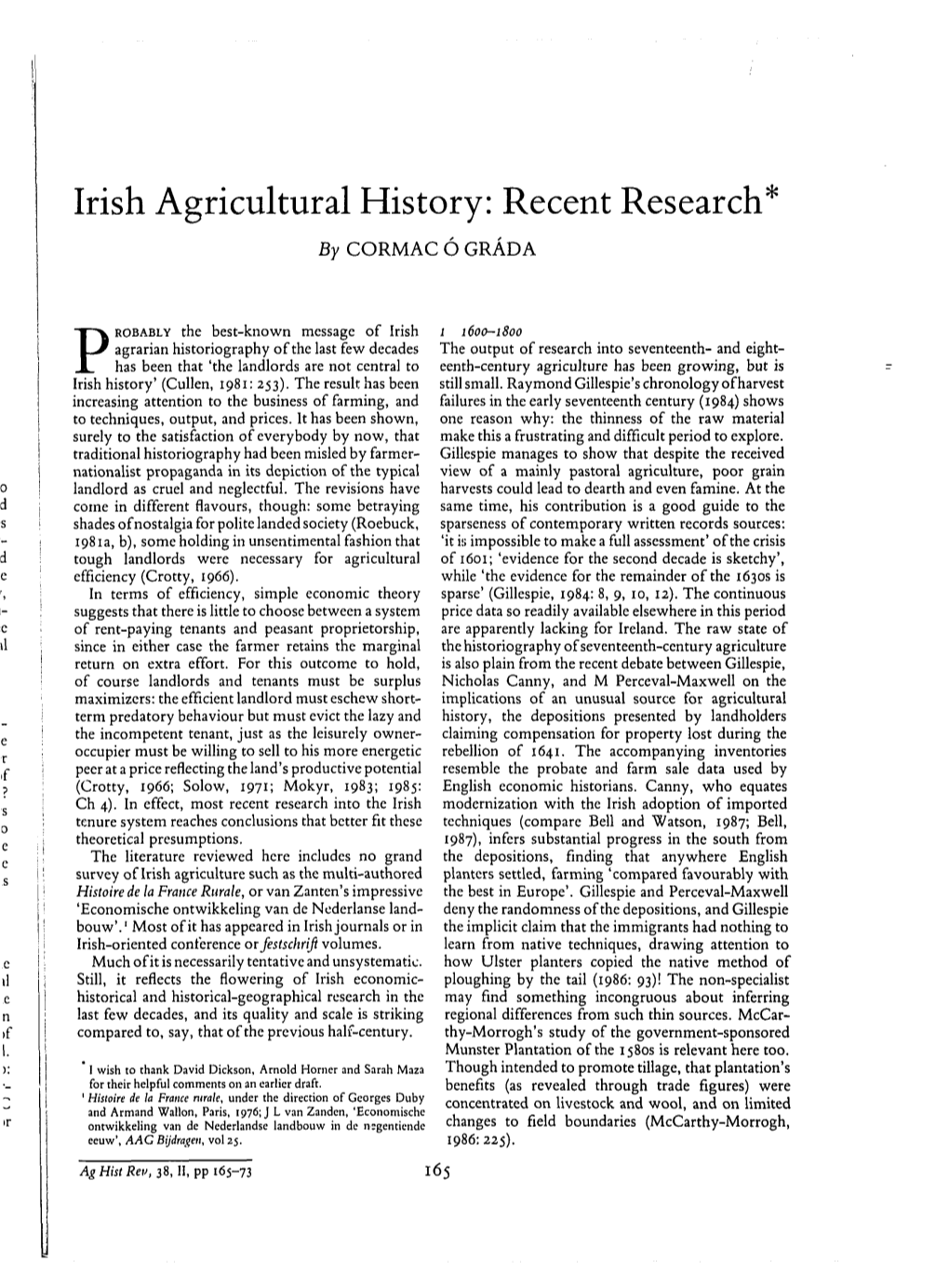 Irish Agricultural History: Recent Research*